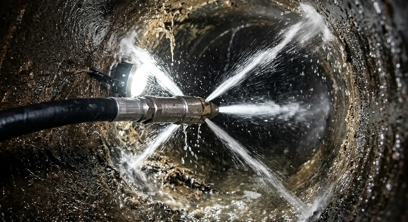 High-pressure hydro jetting nozzle cleaning sewer pipe for Emergency Drain Service in Wenatchee