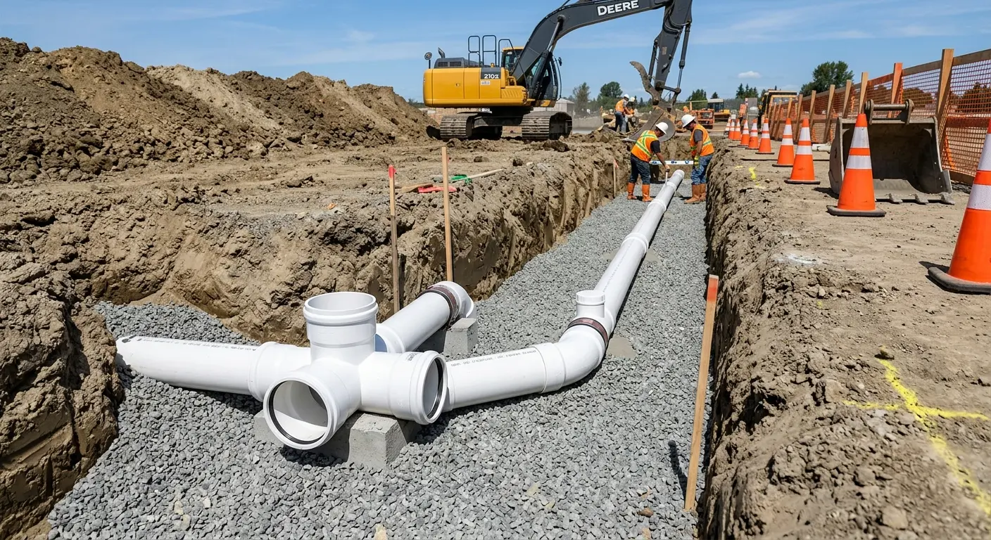 New PVC sewer pipe installation in open trench for Commercial Drain Cleaning in Wenatchee