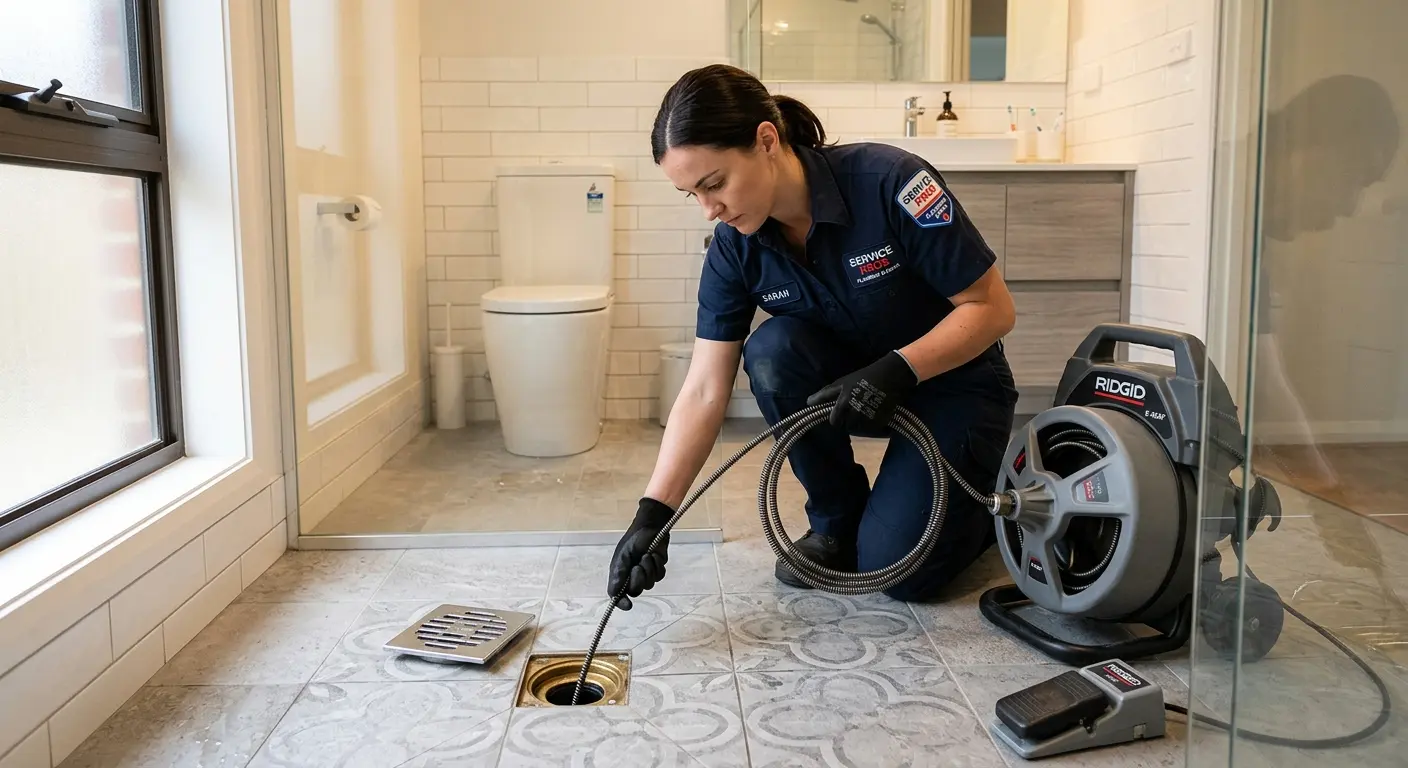 Technician clearing a bathroom floor drain for Hydro Jetting in Wenatchee
